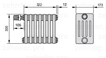 Схема (чертеж) Радиатор Zehnder Charleston 5030/7 №V012 Белый глянцевый RAL 9016